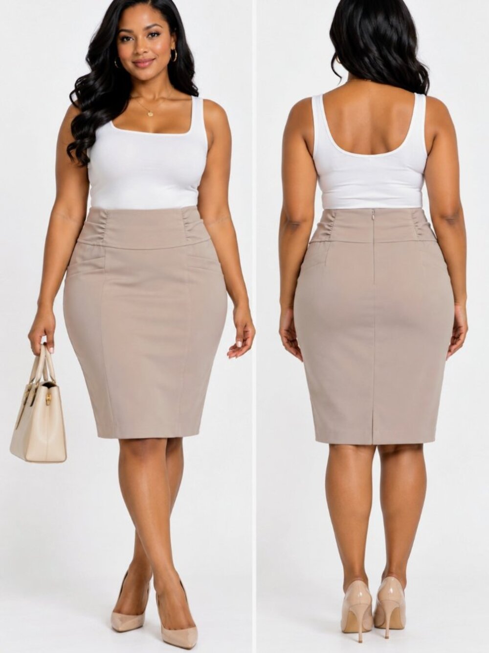 Nine West Pencil Classic Career Skirt Taupe Beige High Rise Knee Length Size 16